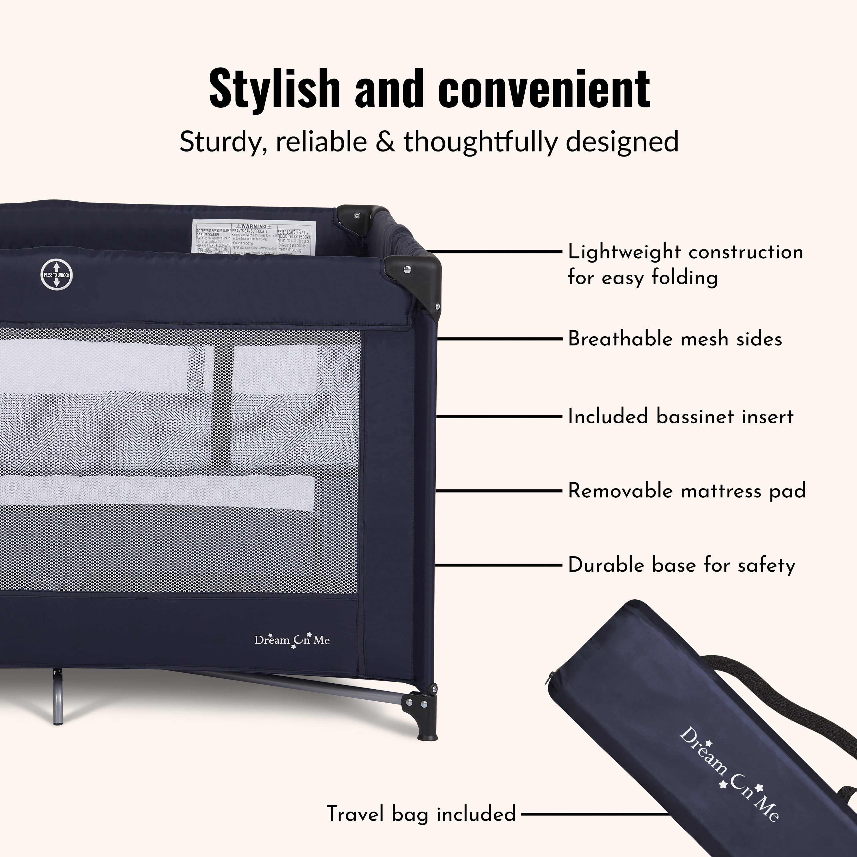 Dream On Me Zazzy Portable Play yard with Bassinet, Navy