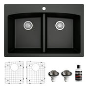 Karran QT-710 PK1 Drop-in Quartz Composite 33 in. 1-Hole 50/50 Double Bowl Kitchen Sink Kit in Black