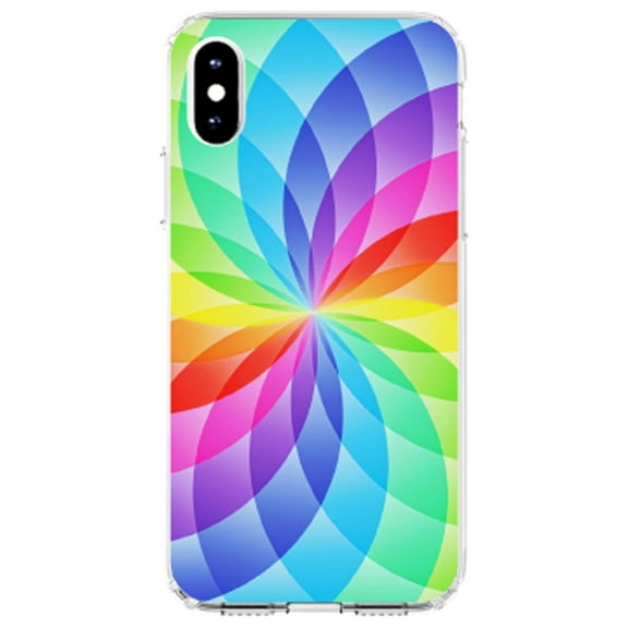 DistinctInk Clear Shockproof Hybrid Case for iPhone XS Max (6.5" Screen) - TPU Bumper, Acrylic Back, Tempered Glass Screen Protector - Rainbow Star Geometric