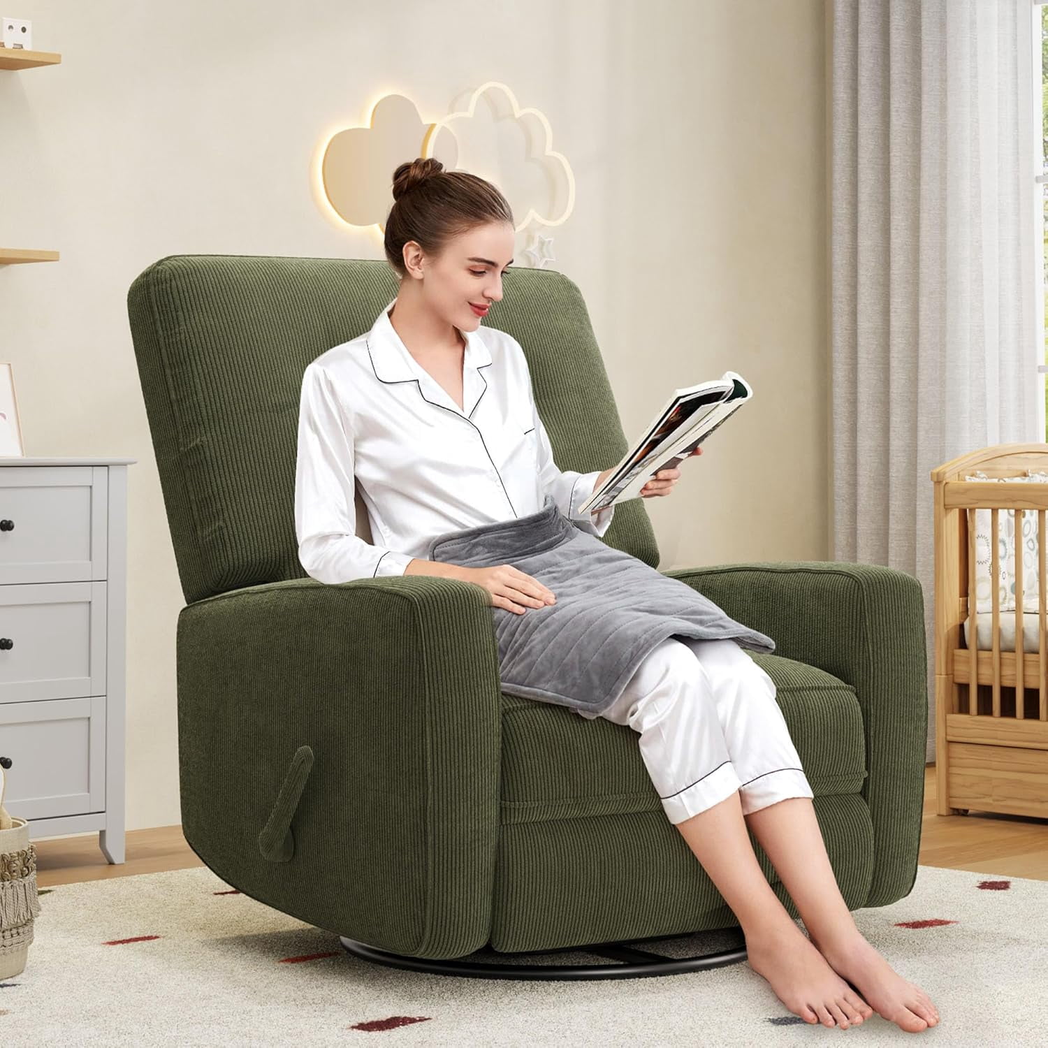 Nursery Recliner Chair, 360° Swivel Rocking Glider Chair for Adults with Adjustable Backrest & Footrest, Cozy Corduroy Upholstered Armchair for Living Rooms, Bedrooms, Apartments, Green