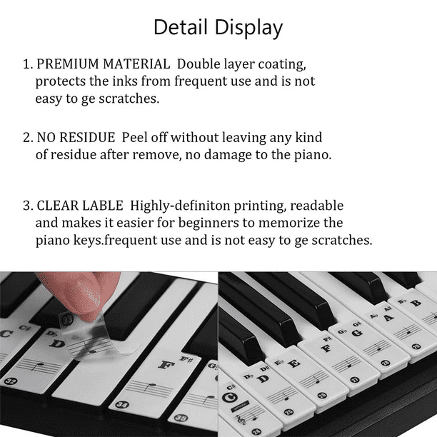 Autocollants pour clavier de piano pour 88/61/54/49/37 touches, autocollants  de notes de piano lettres amovibles et claires pour clavier de piano pour  enfants débutants (noir et blanc) 