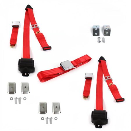 Airplane 3 Point Red Retractable Bench Seat Belt Kit with Bracketry for Ford 1928-1931 Model A - 3 Belts