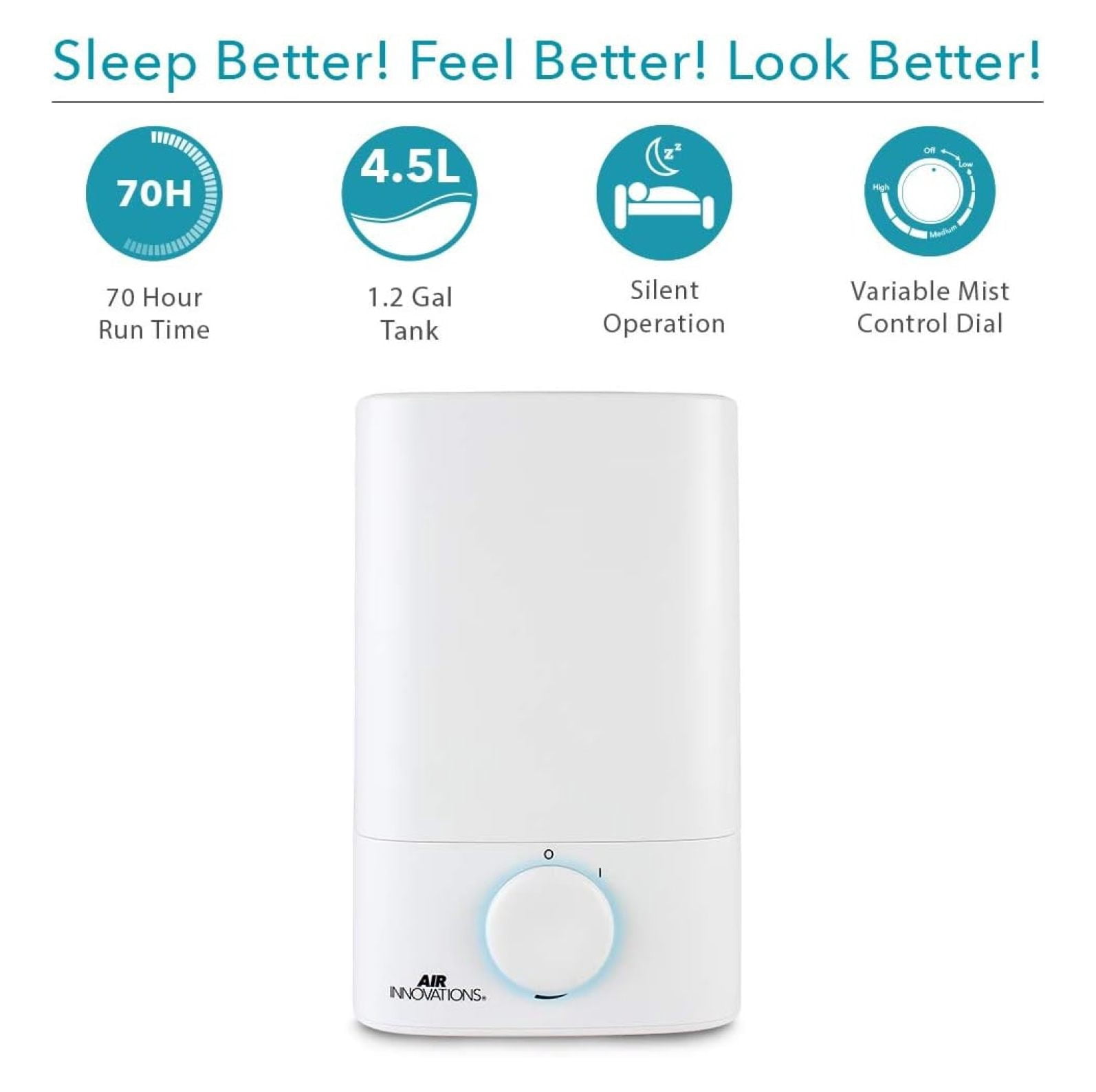 Humidifiers for Bedroom Convenient Oversized 4.5L Runs for 70 Hours for Large Room up to 400 Sq Ft Top Fill Cool Mist Humidifier Ideal for Baby Room and Plants MH-419, White, 1.2