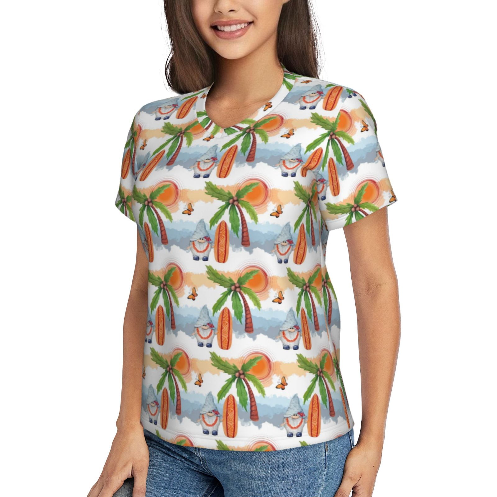 Xecao Gnome and Surfing for Women's V-Neck T-Shirts-Elegant Half-Sleeve Tops Perfect for Summer-X-Large