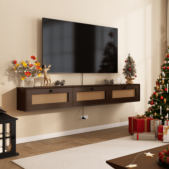 FloatiCasa 47-inch Floating TV Stand with Rattan Doors, Fully Assembled Wall-Mounted Entertainment Center for TVs up to 50", Walnut