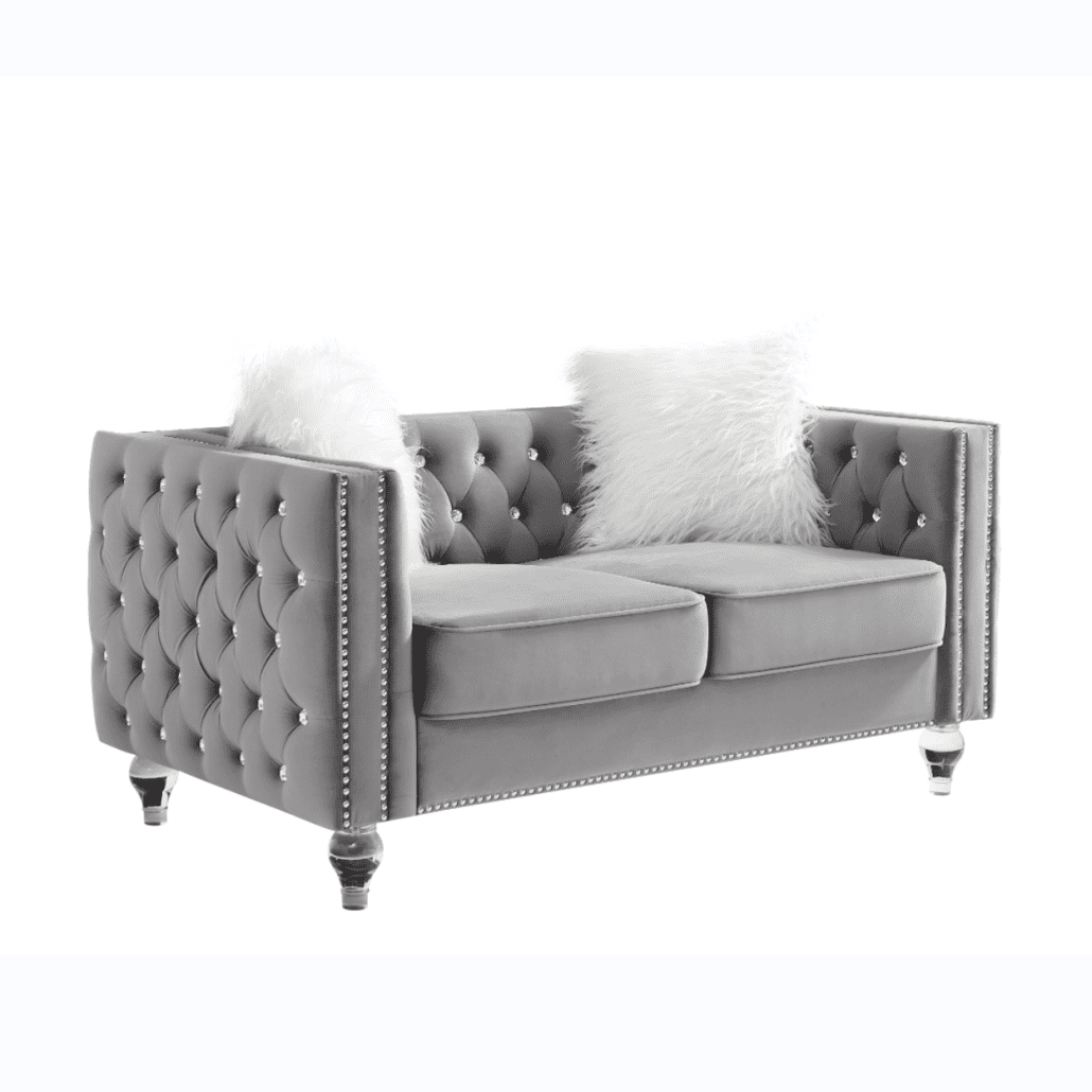 Modern Velvet Upholstered Loveseat Sofa with 2 Plush Pillows, Leisure 2-Seater Couch with Crystal Feet and Buckle, Lounge Sofa for Living Room, Bedroom, Office, Apartment, Gray
