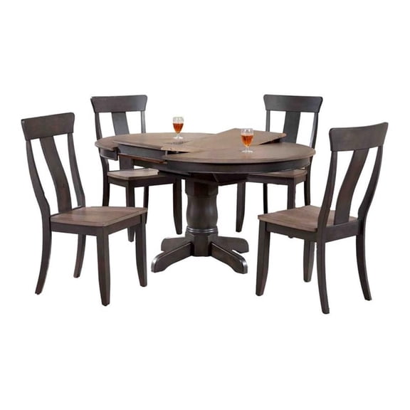 5-Pc Round Panel Wood Dining Set in Gray/Black Stone