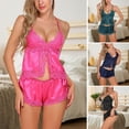 thumbnail image 1 of 1 Set Camisole Shorts Lace Hollow Out Sexy Smooth Spaghetti Strips Female See Through Nightdress Sleepwear Babydolls Pajamas for Bedroom, 1 of 7