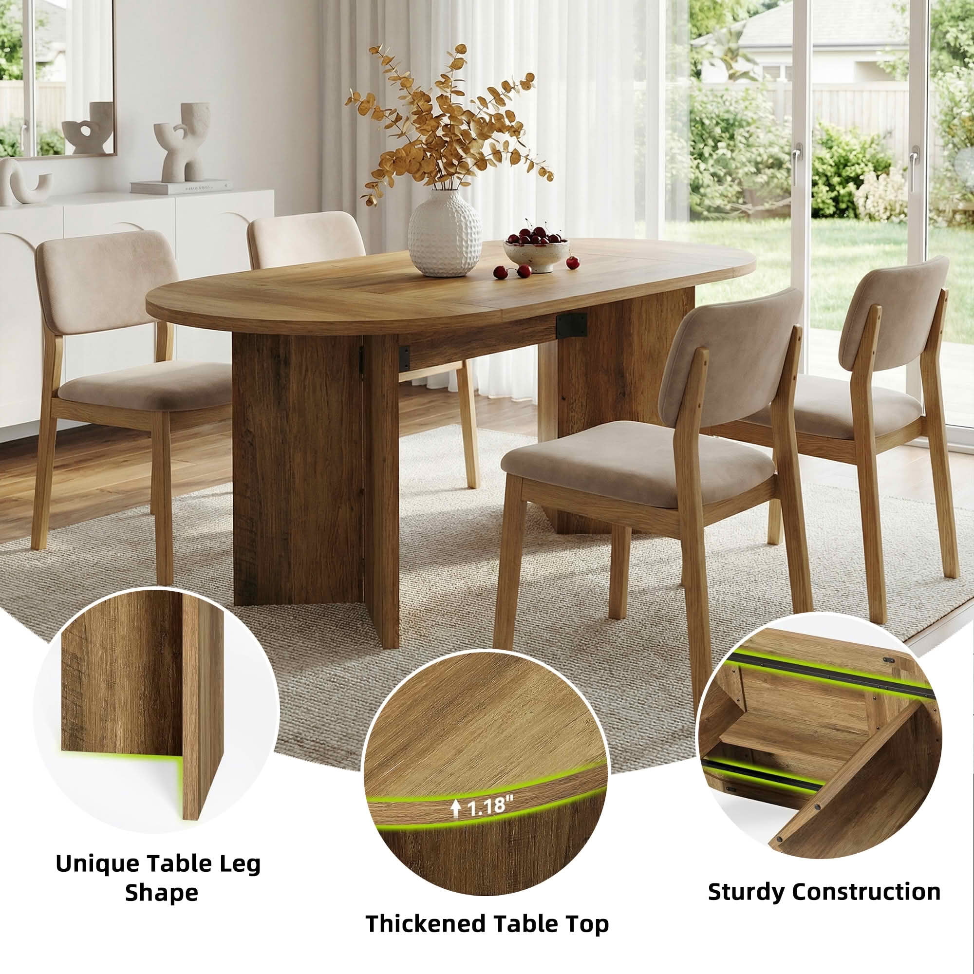 MAYEERTY 63 Inch Oval Farmhouse Dining Table, Rustic Kitchen Dinner Table with Strip Metal Base for 4 to 6 People