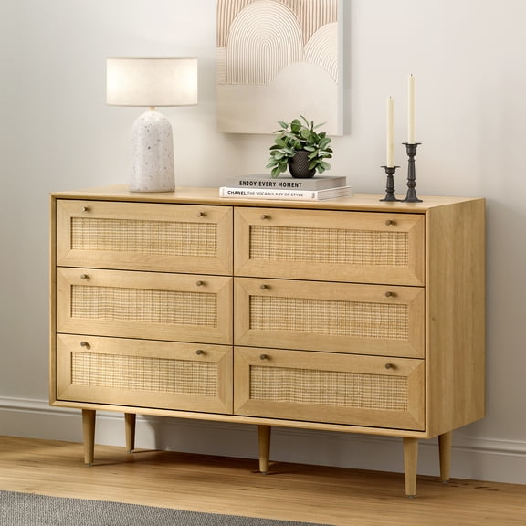 EYYTHUNG 6-Drawer Rattan Dresser Chest, Boho Chic TV Stand of Drawers with Natural Woven Storage, Modern Bedroom Dresser Organizer, Natural Oak