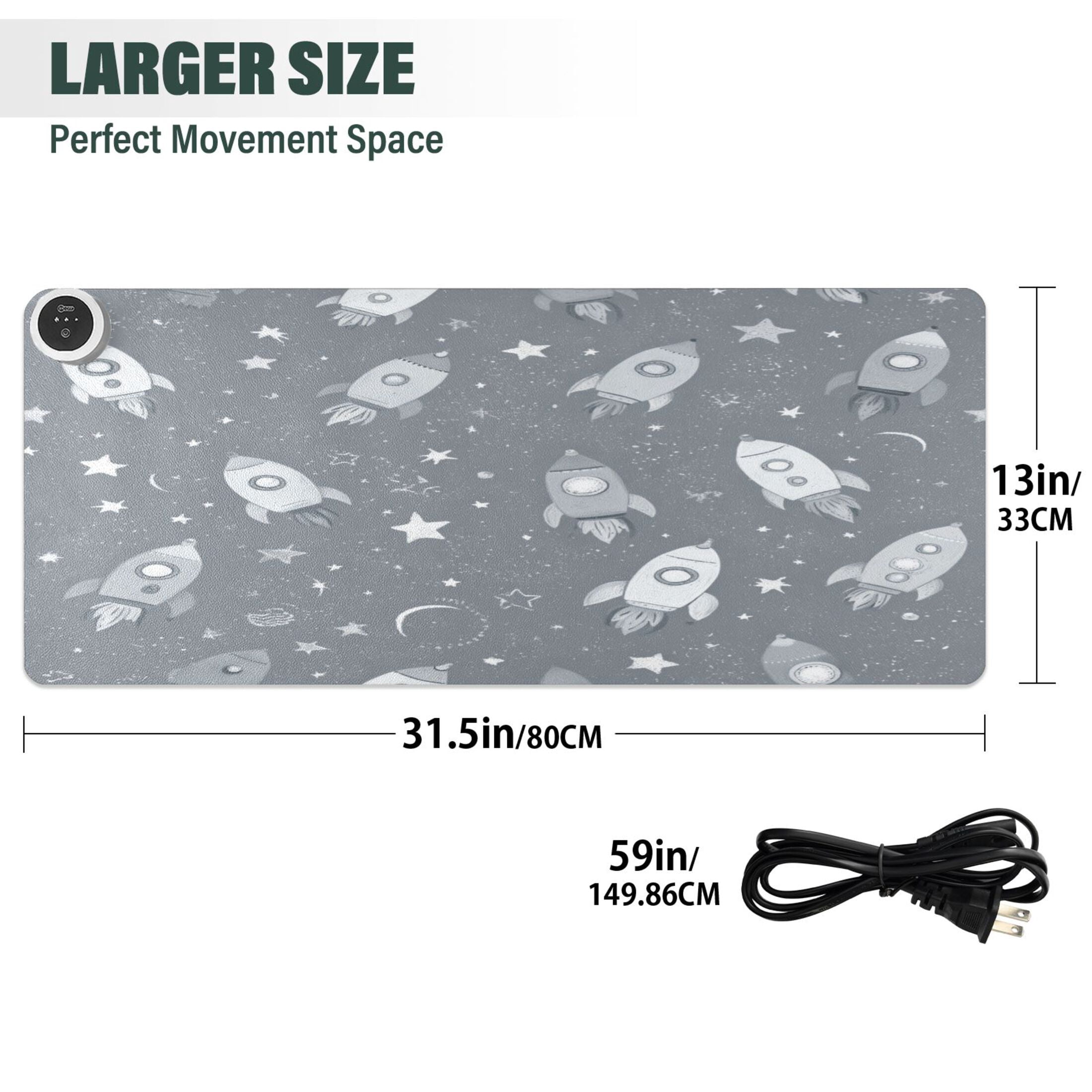 Large Heated Desk Mat Mouse Pad 31.5"x13"PU Leather Graphene Heating Desk Warmer with 3 Temperature Settings 110V US Plug Non-Slip Warm Pad for Home, Office, and Gaming Grey Space Rocket Print
