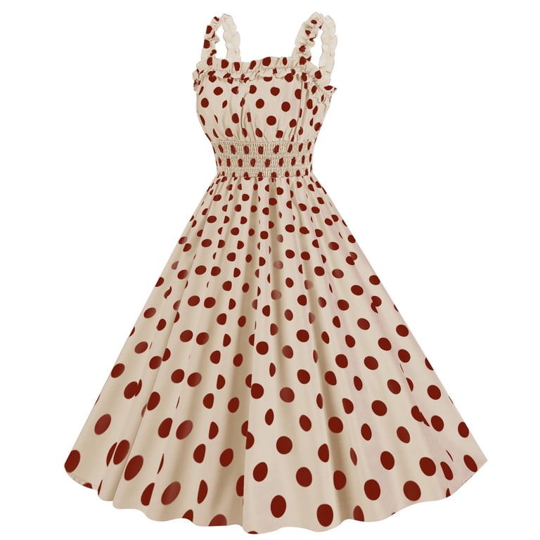 Safuny Women's Tea Length A Line Dress Polka Dot Holiday Sleeveless Square Neck Elegant High Waist Retro Prom Party Trendy Dresses Red L