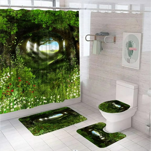Magic Fairy Tale Forest Bathroom Sets Shower Curtain With Rug Bath Mat Toilet Cover Fantasy Green Jungle Flower Tree Tub Screen