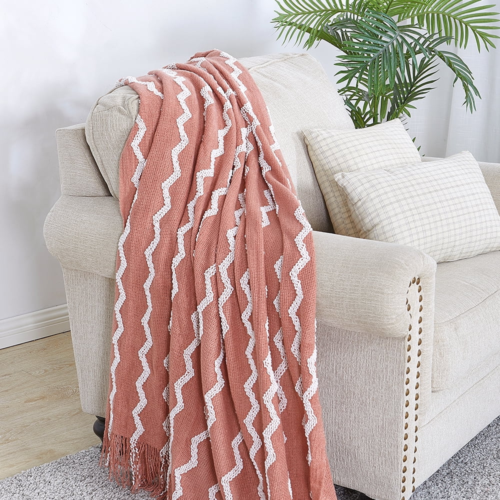 Bourina Fluffy Chenille Knitted Fringe Throw Blanket, Lightweight Soft Cozy Bed Sofa Chair Blanket, Coral Pink, 50" x 60"