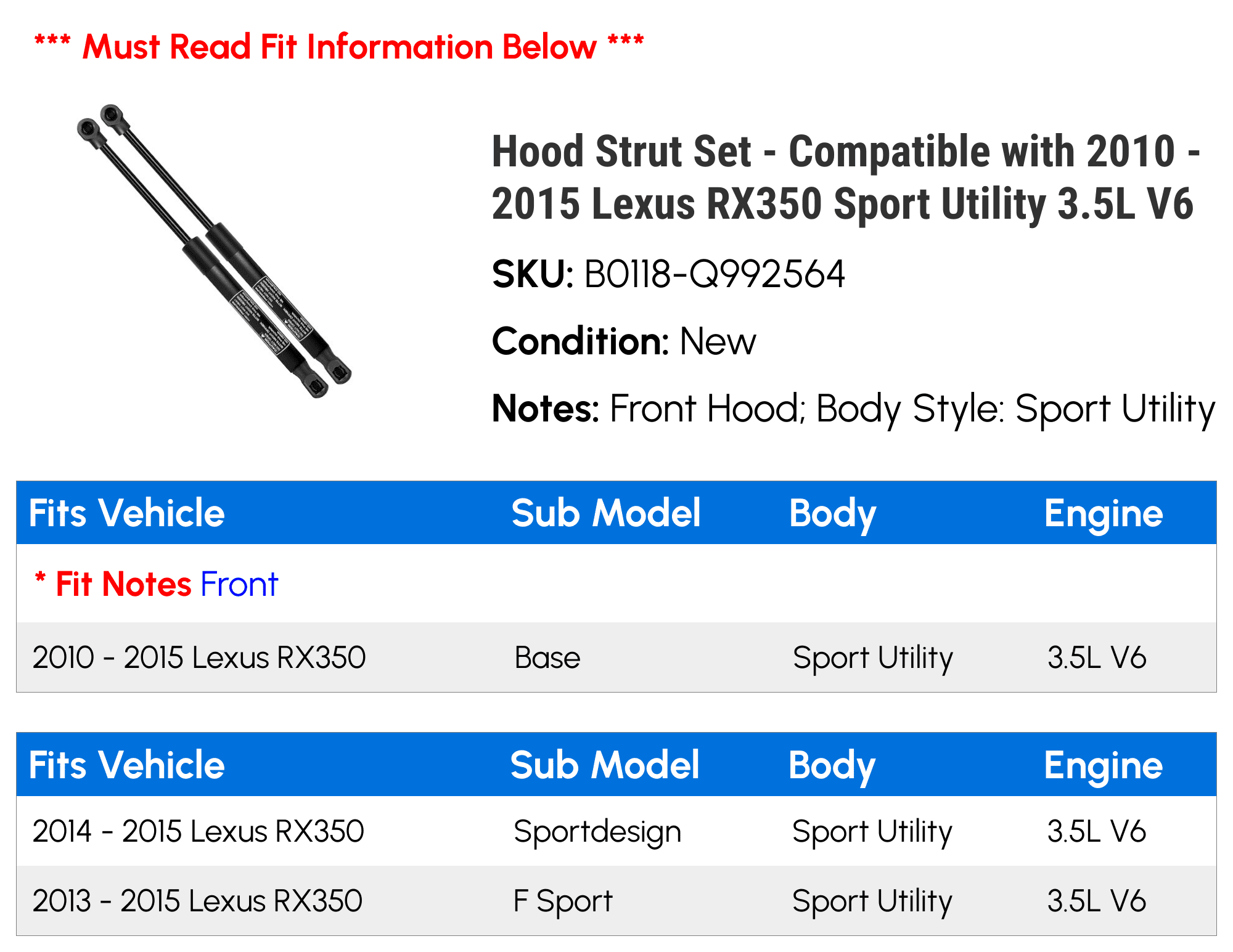 Hood Strut Set - Compatible with 2010 - 2015 Lexus RX350 Sport Utility 3.5L V6 - Autopart Premium
