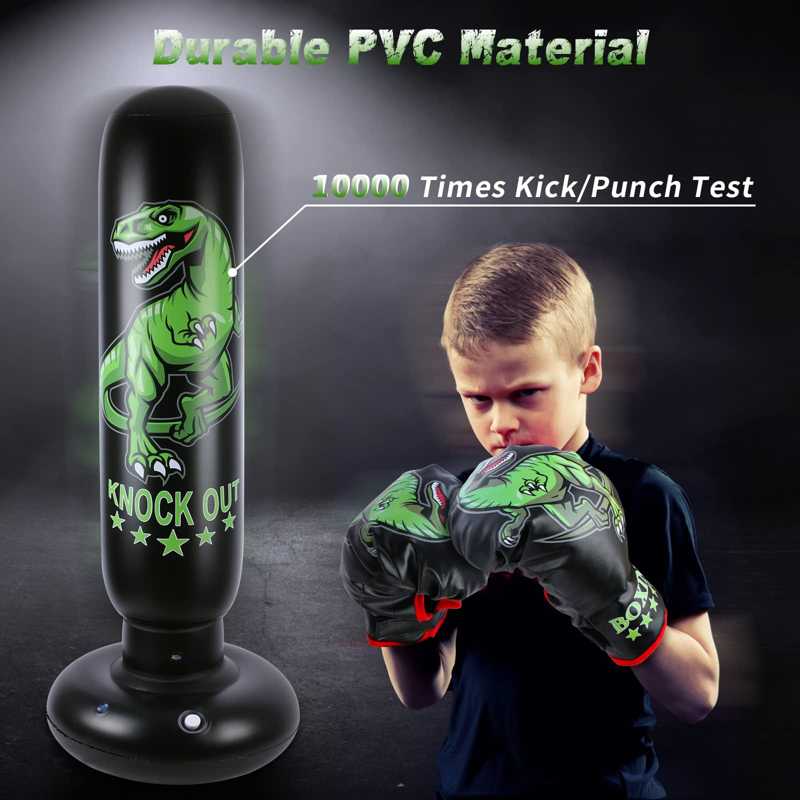 Dinosaur Punching Bag for Kids - 63 inch Inflatable Boxing Bag with Gloves - Children Sports Toys Exercising Boxing Set for Training Karate and Taekwondo - Freestanding Tumbler Bounce Back