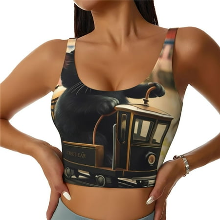 Adobk Adorable Kitten On Mini Train Print Sports Bras for Women Longline Workout Crop Tank Tops Padded with Built in Shelf Padded Sports Bra-Large