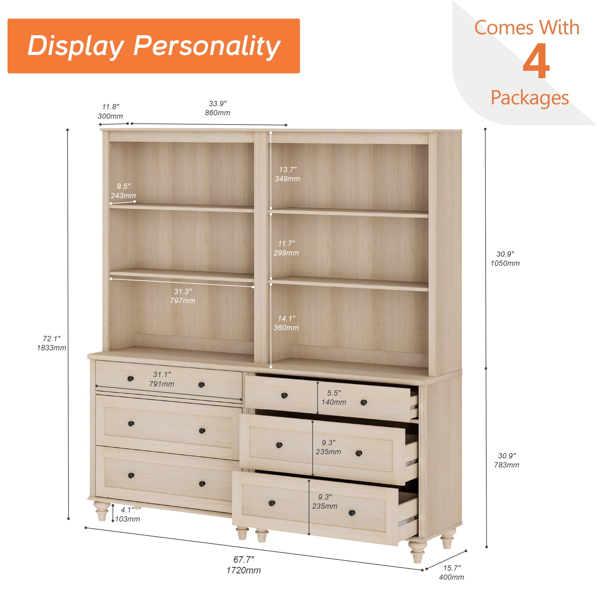 Farmhouse 5 Tier Bookcase With 6 Drawers, Beige, 67.7" W