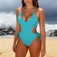 thumbnail image 5 of Lovzfmll Women's One Piece Swimsuit Deep V-Neck Solid, Dressy String Bikini Spaghetti Straps Push-Up Open Back with Removable Pads Bathing Suit, Light Blue 2XL, 5 of 9