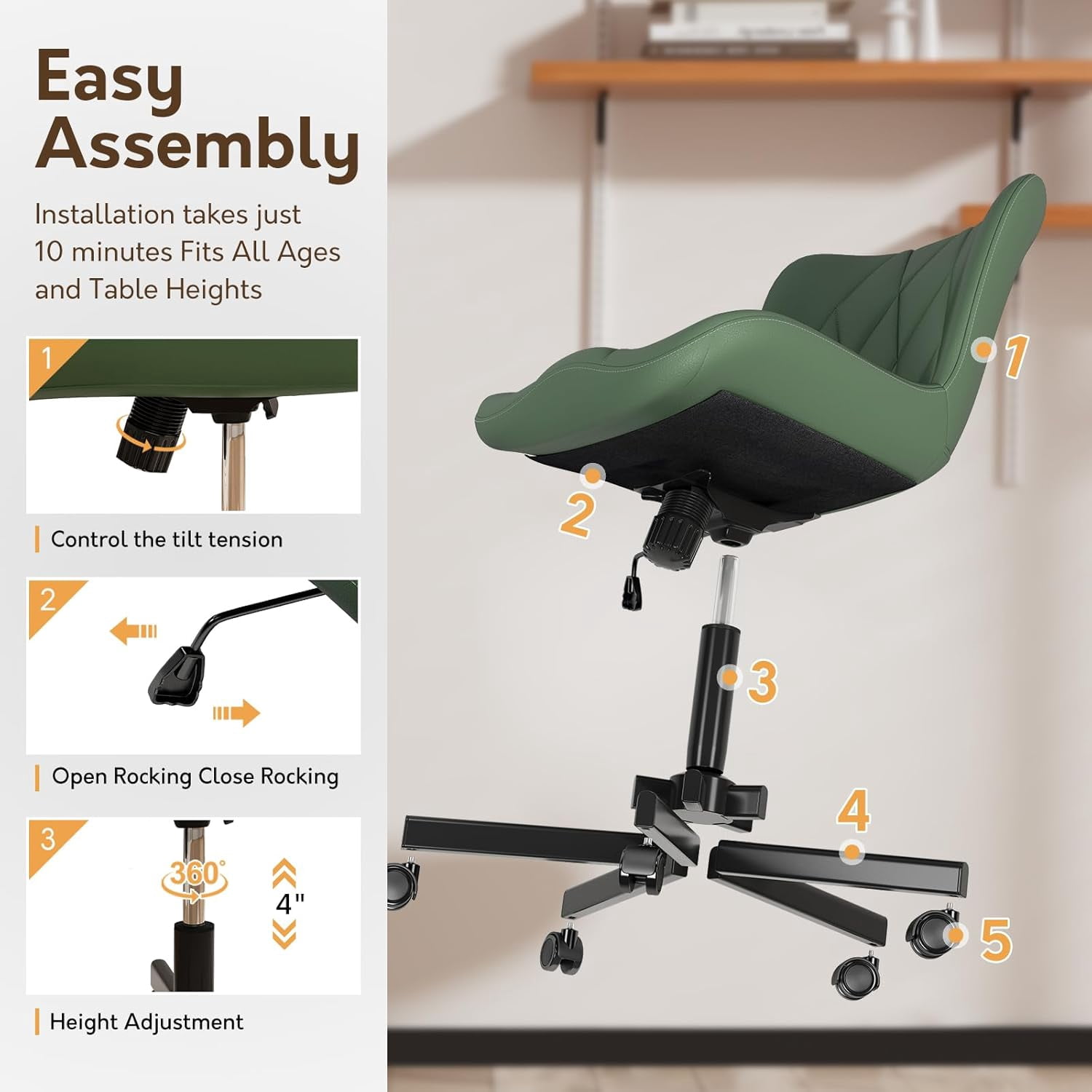 HomeZeer Space Saving Armless Office Chair with Wheels, Adjustable Height PU Leather Swivel Computer Task Chair, Soft Padded Mid Back Vanity Chair Design for Home Office & Small Spaces, Green