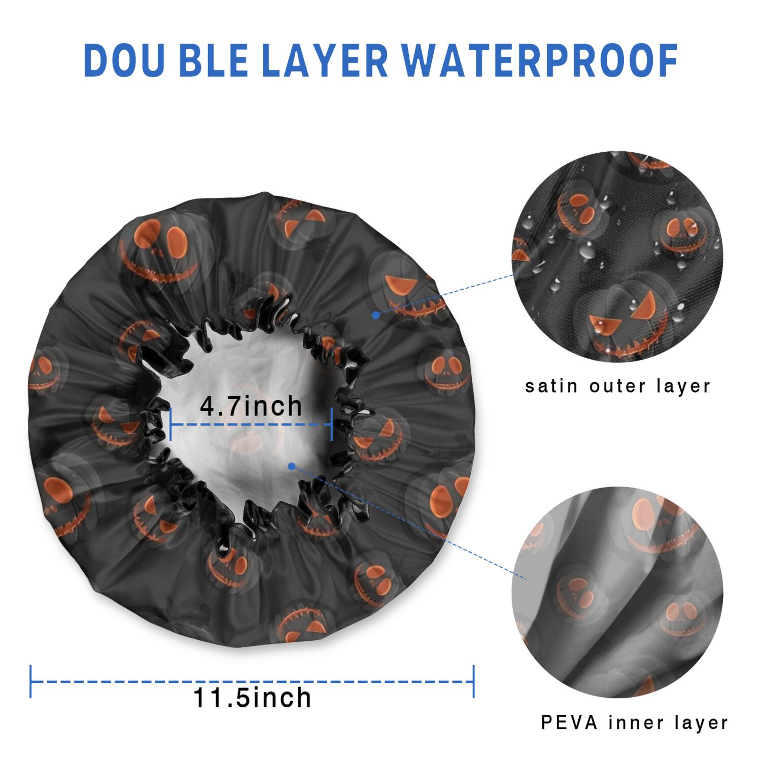 Shower Caps,Black Halloween Pumpkins Waterproof Shower Cap for Women 4 Pieces,Double Reusable Hair Cover for Shower PEVA Elastic Stretch Hem