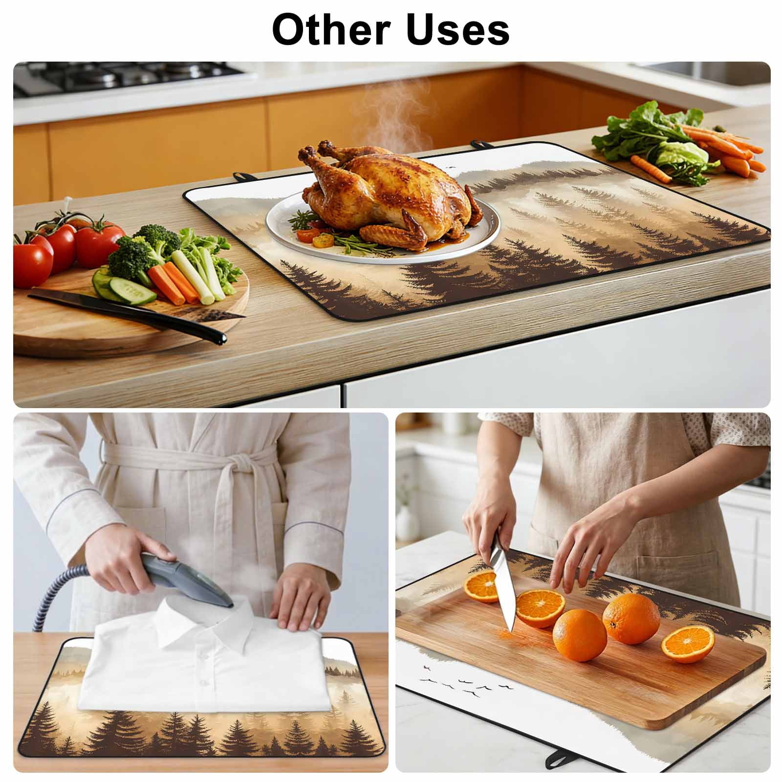 Burly Wood Trees Stove Top Cover for Electric Stove, Heat-proof & Non Slip Glass Top Stove Cover Protector, Forest Mountain Birds Retro Watercolor Kitchen Flat Cooktop Rubber Mat 24x21 Inches