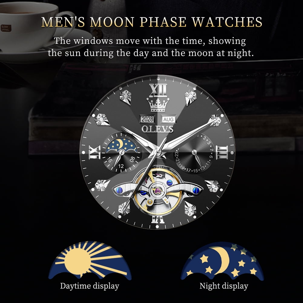 OLEVS Automatic Watches for Men Luxury Dress Waterproof Self Winding Mechanical Moon Phase Chronograph Stainless Steel Luminous Diamond Date Skeleton Tourbillon Wristwatch for Men Reloj Para Hombre