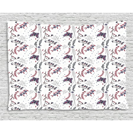 Butterfly Tapestry Wall Hanging - Butterfly Tapestry, Floral Hand Drawn Doodle Leaves Wildflowers Colorful Image Ornament, Wall Hanging for Bedroom Living Room Dorm Decor, 60W X 40L Inches, Dark Coral Dimgrey Black, by Ambesonne