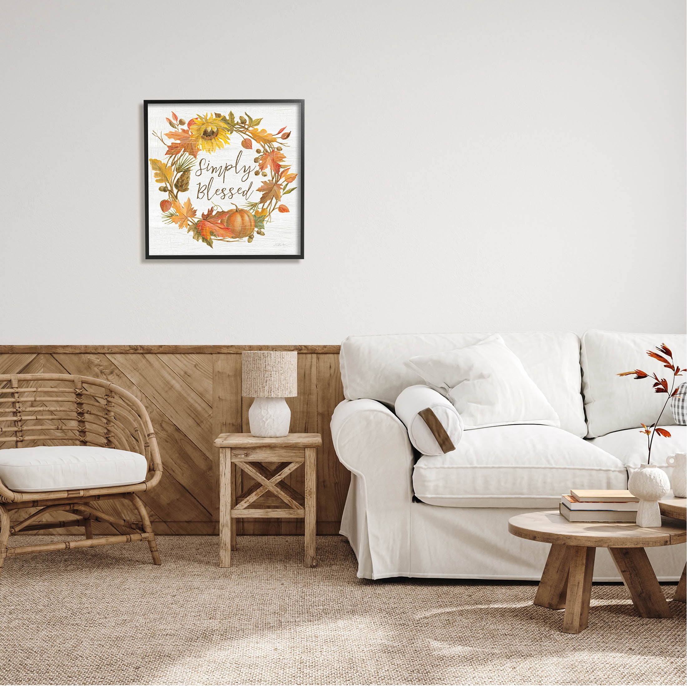 Stupell Industries Simply Blessed Autumn Wreath Graphic Art Black Framed Art Print Wall Art, Design by Silvia Vassileva