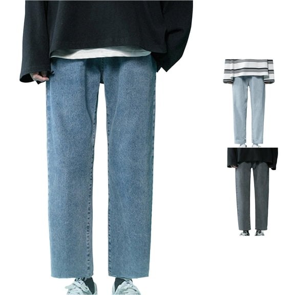 Trendfront Mens Solid Color Cropped Straight Leg Jeans Mid Rise Button Zip Fly Front Pockets Ankle Length Relaxed Fit Denim Pants