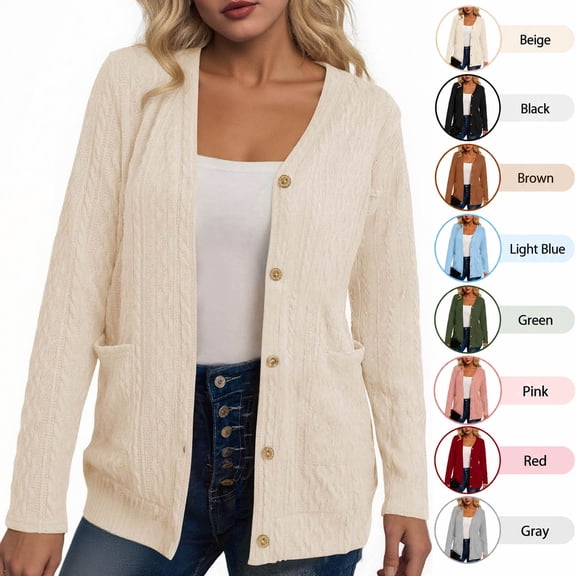 Hzzrkos Women's Lightweight Knit Cardigan Sweater Open Front Button Closure Textured Casual Layering Outerwear with Pockets Long Sleeve Soft Everyday Comfort Beige S