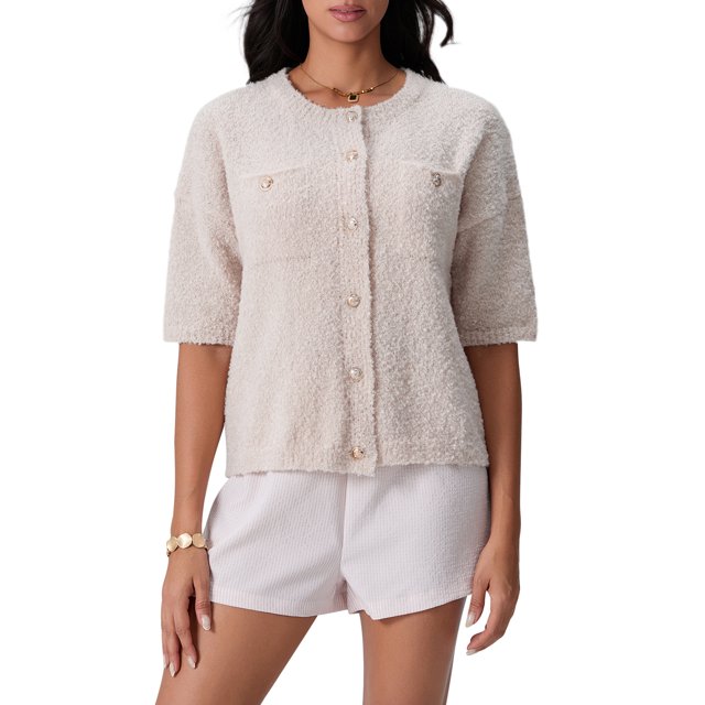 FOCUSNORM Women Cardigan Elegant Short Sleeve Button Closure Solid Casual Jacket with Pockets