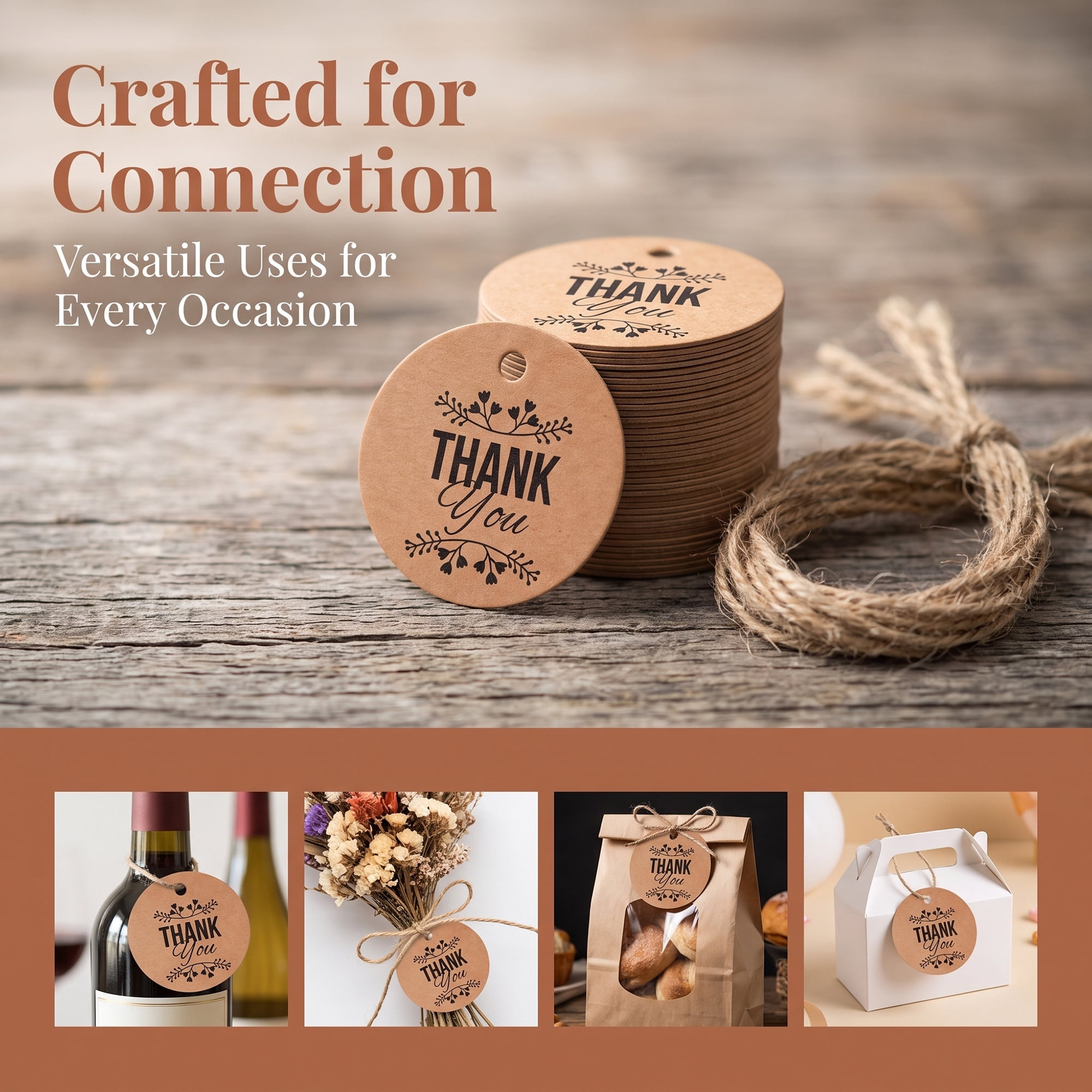 Unique Bargains Round Circle Gift Tags with Natural Twine 1.2" x 1.2" Laurel Border