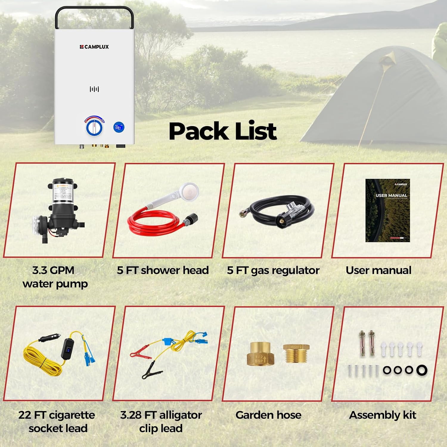 CAMPLUX First F10 Pro 2.64GPM 68,000 BTU Portable Outdoor Propane Tankless Water Heater with Water Pump Set for Camping
