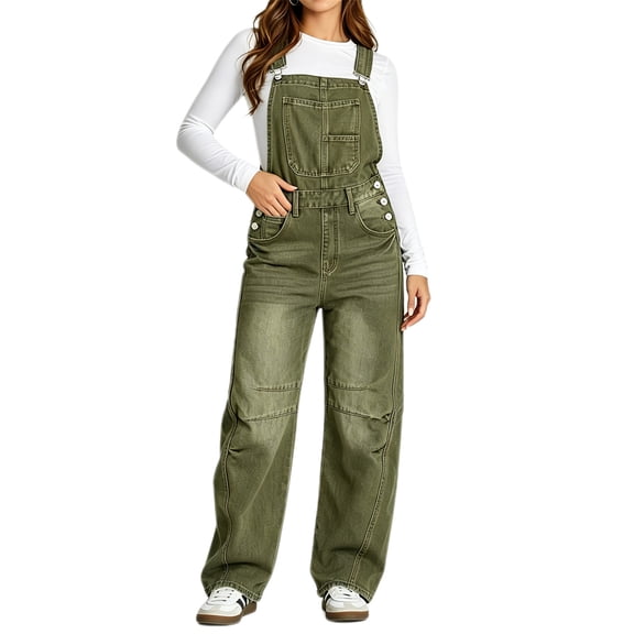Women Sleeveless Denim Overall Pants Casual Loose Barrel Leg Jeans Jumpsuit with Pockets