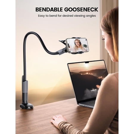PYYAN-Gooseneck Phone Holder for Bed - Cell Phone Mount Clamp Clip Flexible Long Arm Overhead Mount for Desk Headboard Bedside for iPhone Air 17 Pro Max 16 Pro Max 15 14 & 4-7 Phone