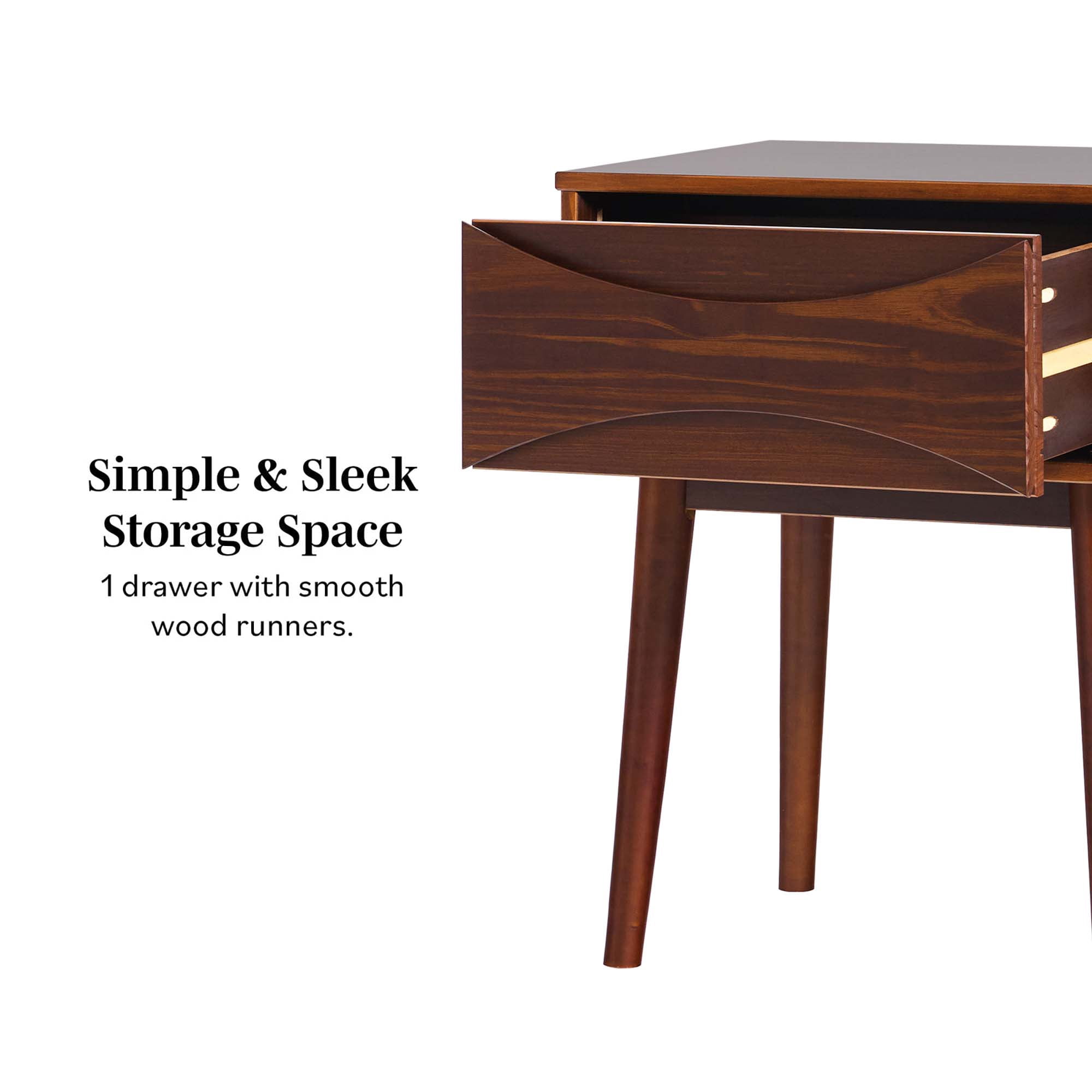 Walker Edison Mid-Century Modern Solid Wood 1-Drawer Nightstand, 2 Pack, Walnut