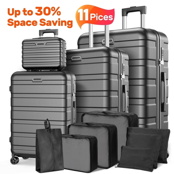 11PCS Hardside Luggage Set, Lightweight ABS Suitcases with Password Lock & 360° Spinner Wheels, Includes 14" Travel Case, 20" Carry-On, 24" Checked, 28" Large Luggage   7 Packing Cubes, Black