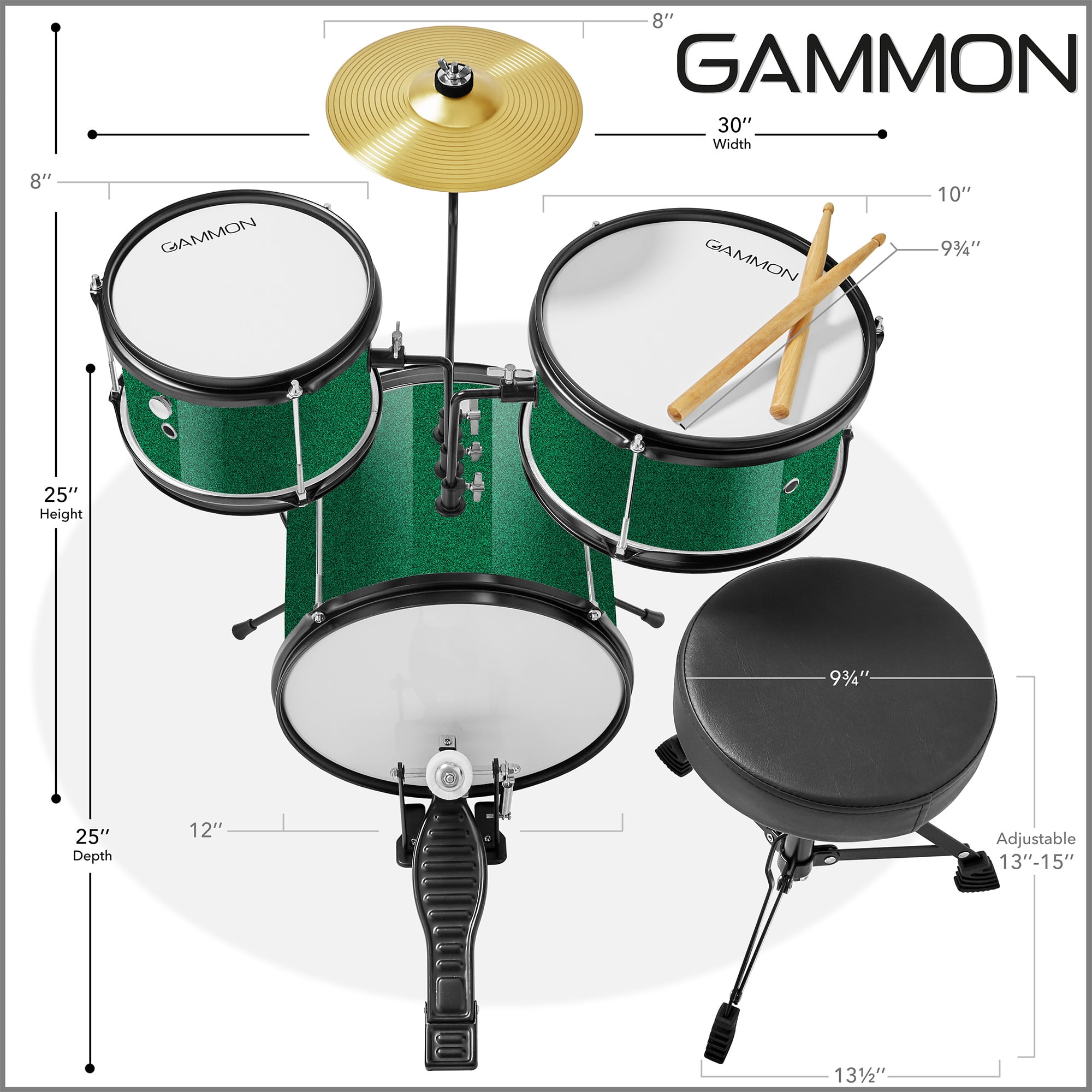Gammon 3-Piece Junior Drum Set - Green, Starter Drum Kit with Throne, Cymbal, and Drumsticks
