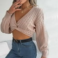 thumbnail image 2 of UAMVSH Women Casual Twist Front V-Neck Lantern Sleeve Sweaters Knitted Pullover Tops Trendy Cropped Knotted Long Sleeve Sweaters(Small,Pink), 2 of 7