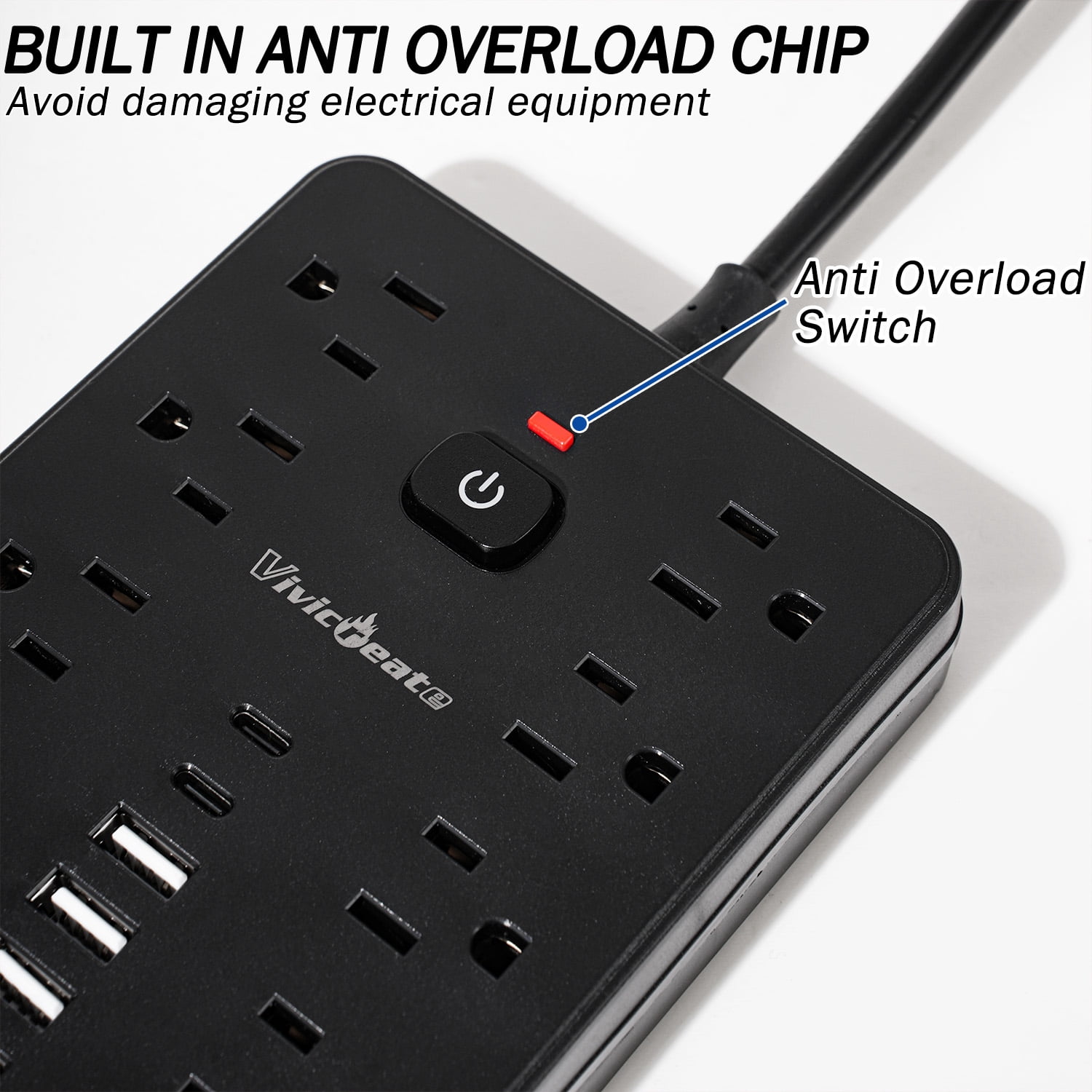 Vivicreate 15-in-1 Power Strip Surge Protector with 10 AC Outlets, 4 USB-A and 2 USB-C Ports, Ultra Flat Plug 3 ft Extension Cord, Wall Mount Charging Station for Home Office Dorm