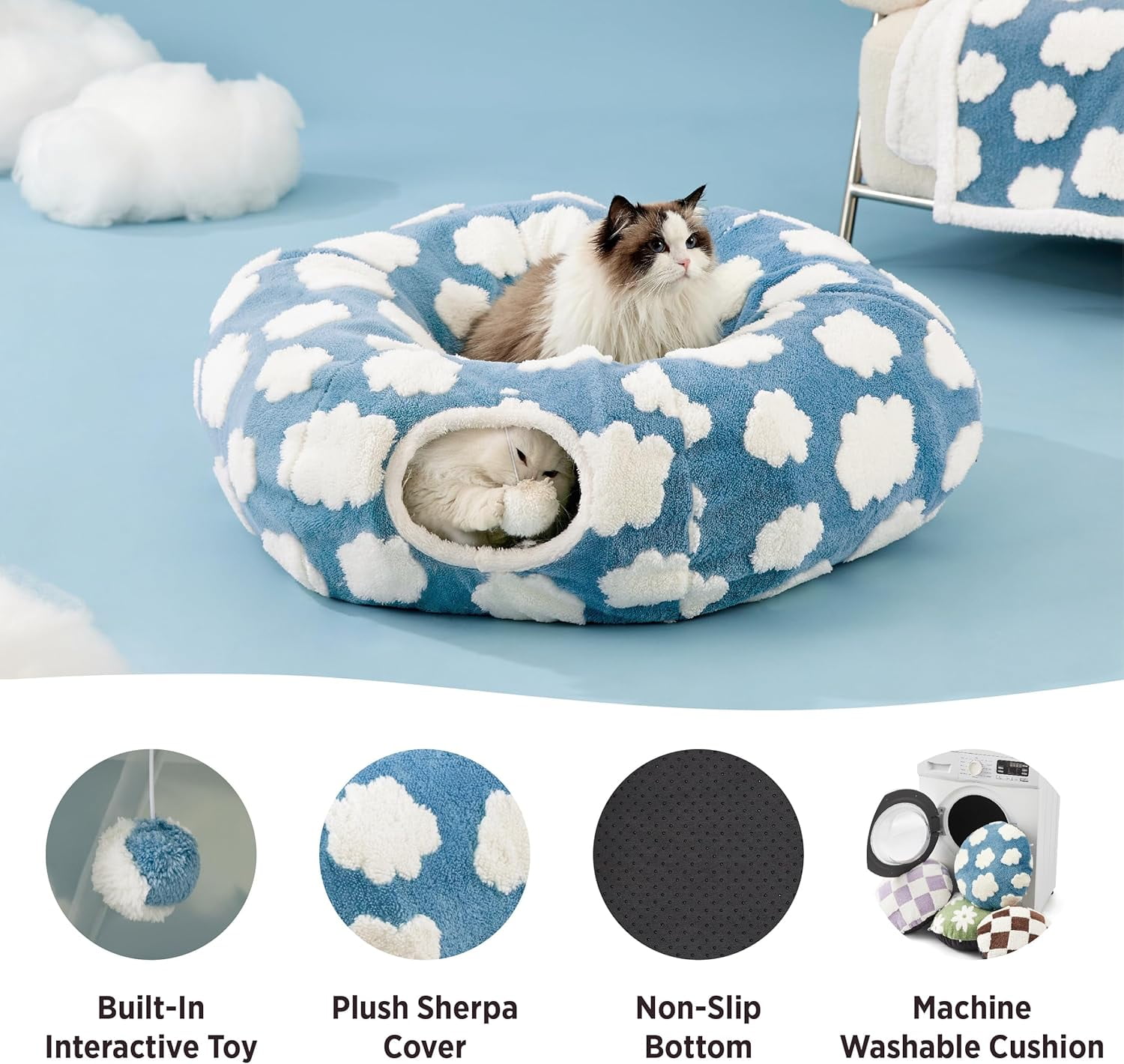 Cat Tunnel Bed for Indoor, Soft Plush Cat Donut Tunnel with Circle Mat, for Kitten Puppy Rabbit, Blue