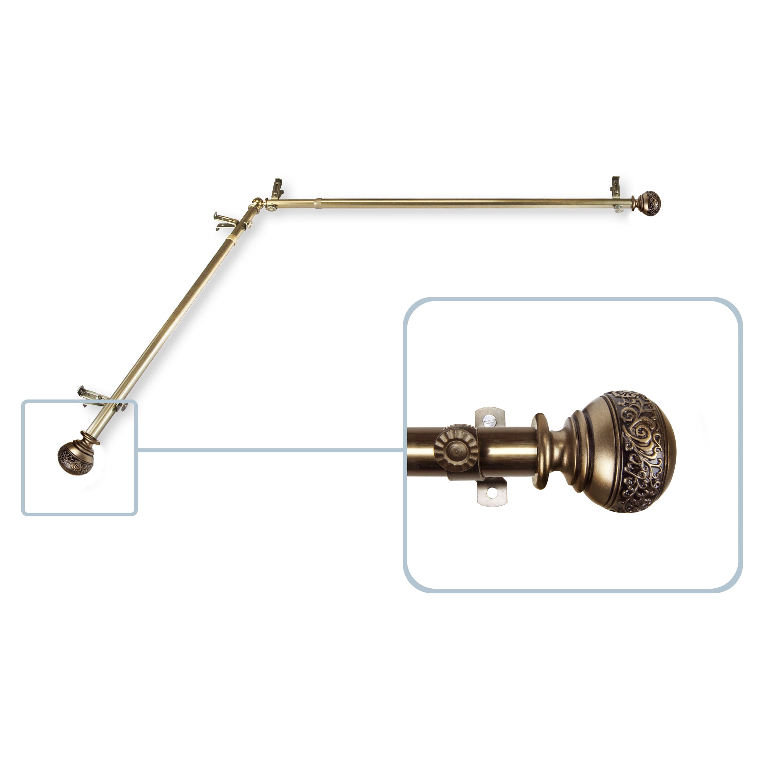 Lucid Corner Window Curtain Rod 13/16 inch dia. 120-170" - Antique Brass
