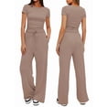 thumbnail image 3 of Women'S 2 Piece Lounge Sets Ruched Short Sleeve Tops High Waisted Wide Leg Pants Sets Camel Color L, 3 of 7