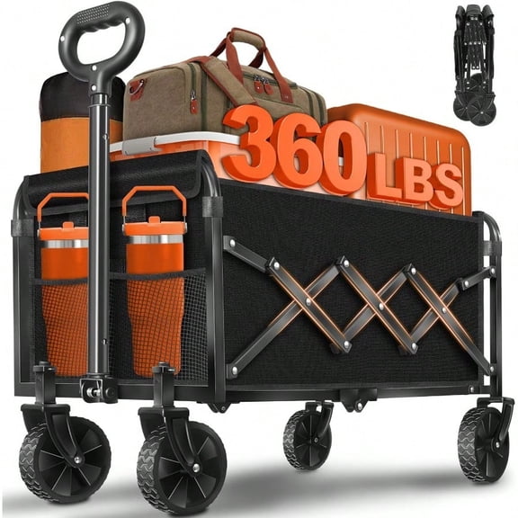 Wagons Cart Foldable With Wheels Collapsible: 360LBS Portable Heavy Duty Folding Grocery Wagon Cart For Shopping Camping All Terrain Rolling Utility Wagon For Groceries Outdoor Sports
