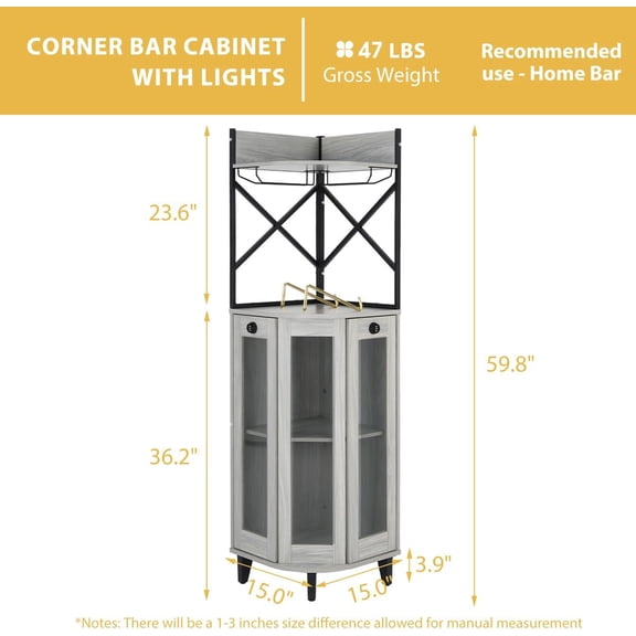 Corner Wine Cabinet with Lockable Glass Door & LED Light, 4-Tier Liquor Bar Unit, Modern Farmhouse Home Bar for Kitchen/Dining Room/Living Room, 2 Glass Display Trays & 2 Wine Racks, Gray