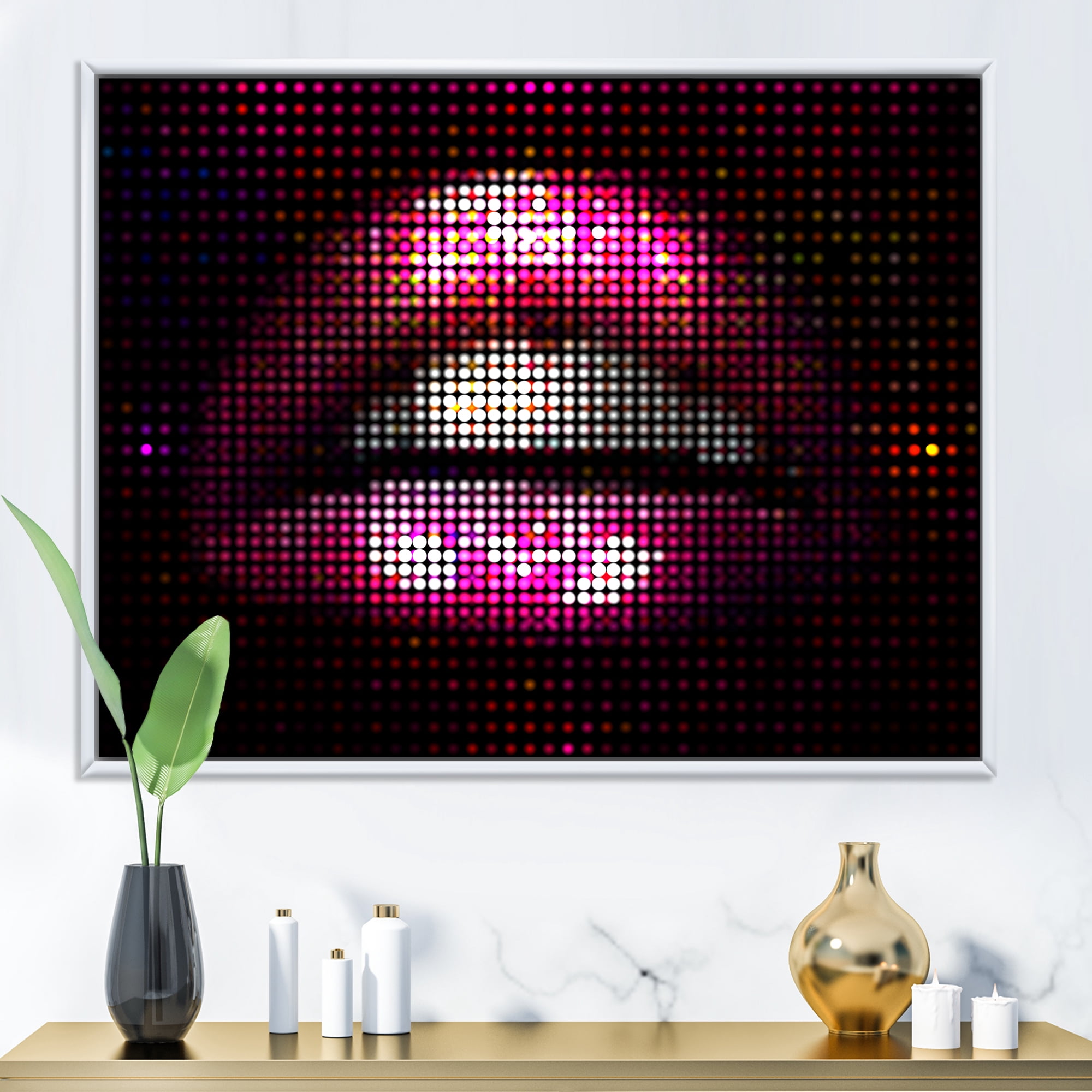 Detail Of Pixellated Pink Woman Lips 32 in x 16 in Framed Photography Canvas Art Print, by Designart