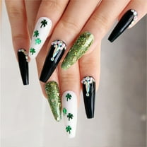 24 Pcs St Patricks Day Press on Nails Long Coffin Black and Green Fake Nails Glitter Acrylic False Nails with Shamrock Design Rhinestone Full Clover Glue on Nails for Women Girls Nail Art