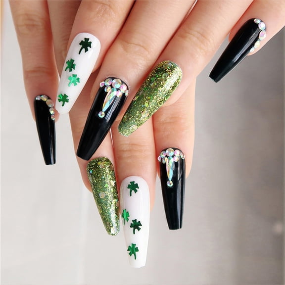 24 Pcs St Patricks Day Press on Nails Long Coffin Black and Green Fake Nails Glitter Acrylic False Nails with Shamrock Design Rhinestone Full Clover Glue on Nails for Women Girls Nail Art