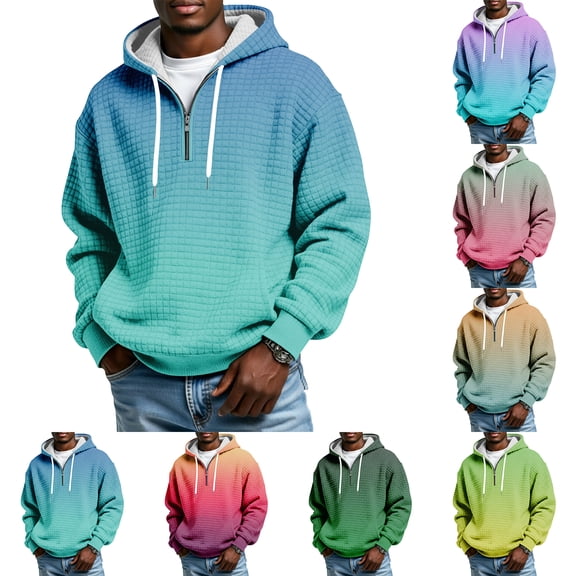 2026 New Mens Quarter Zip Waffle Hoodie Sweatshirt Casual Gradient Long Sleeve Knit Tops Drawstring Pullover Tops Orange L
